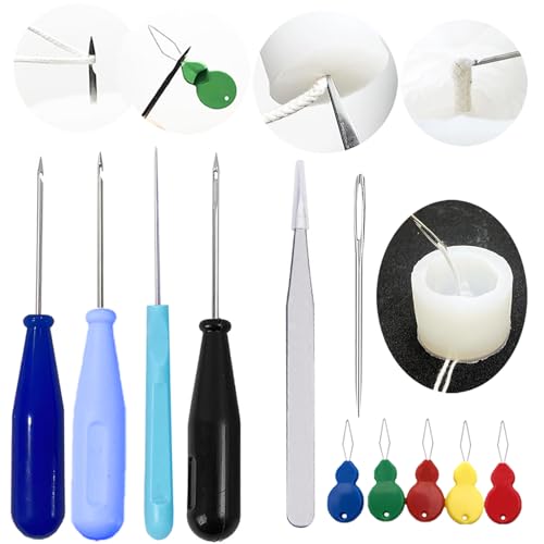 Image of 11 PCS Candle Punch Wicking Needle tools with Hook & Eye Mold Hole Punch Candlewick Inserting Tool Tweezer for Silicone Molds Large-Eye Candle Wicking Needle Threader for Candlewick of All Thicknesses