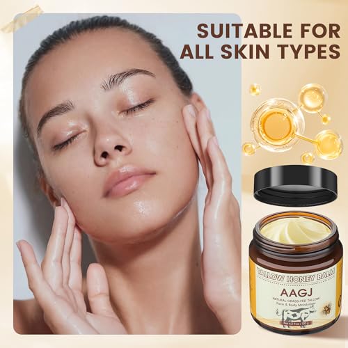 AAGJ Beef Tallow for Skin, 100% Organic Grass-Fed Beef Tallow Balm with Raw Honey - Moisturizing Cream for Face & Body, All Natural Moisturizer Skin Care for Soft, 4.2 Oz