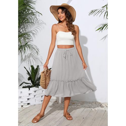 Image of Witsmile Women's Skirts - Elastic Waist Pleated A-Line Midi Skirt Dress with Pockets for Women Dressy Casual(Light Gray,L)
