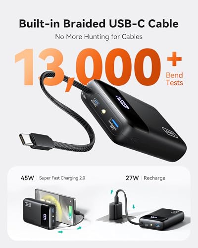 Image of INIU 20000mAh Power Bank, Small 45W PD Fast Charging Portable Charger with Built-in USB C Cable, Flight-Safe Travel External Phone Battery Pack for iPhone 17 Pro Max Samsung S26 iPad etc, Jet Black | Flight-Safe, Built in USB-C Cable, Travel Essential, Battery Phone Pack for iPhone 17 16 Pro, Samsung S26 etc, Jet Black