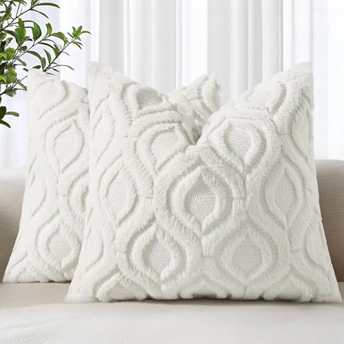 decorUhome Spring Euro Sham Throw Pillow Covers 22x22 Inch Set of 2, Soft Plush Faux Wool Cream White Solid Couch Pillow Covers, Accent Farmhouse Neutral Square Pillow Cases for Sofa Bed Living Room