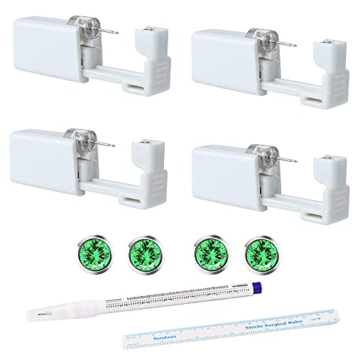 4 Pcs Disposable Sterile Ear Piercing Gun,Safety Self Ear Piercing Gun Kit Ear Stud Gun for Piercing Kit, No Pain Piercing Tool Piercing Supplies with Emerald Crystal Stud Earrings and Marker Pen
