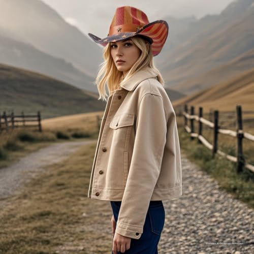 Image of Evankin American Flag Hat, USA Western Cowboy Hat on July 4th | American Flag Hat, 4th of July Patriotic Hat,USA Western Cowboy Hat, Straw Weaving Star,Summer Sunhat for Men and Women