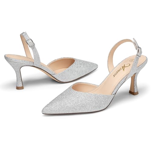 Athlefit Closed Pointed Toe Heels for Women Dress Work Wedding Party Slingback Stiletto Pumps Shoes Silver Glitter Size 6.5, SAPU2606W — view 5