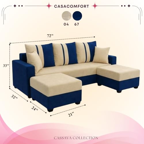 Image of Zenix 5 Seater L Shape Sofa Set with 2 Movable Ottomans | Flexible Layout | Rich Velvet Suede Fabric | Silver Legs | Spacious Seating | Modern Sofa for Living Room (Dark Blue-Cream)