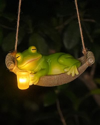 Solar Garden Frog Statue Sleeping in Hammock Resin Indoor Outdoor Lights Hanging Garden Frog Decor Mom Dad Gifts for Patio,Yard