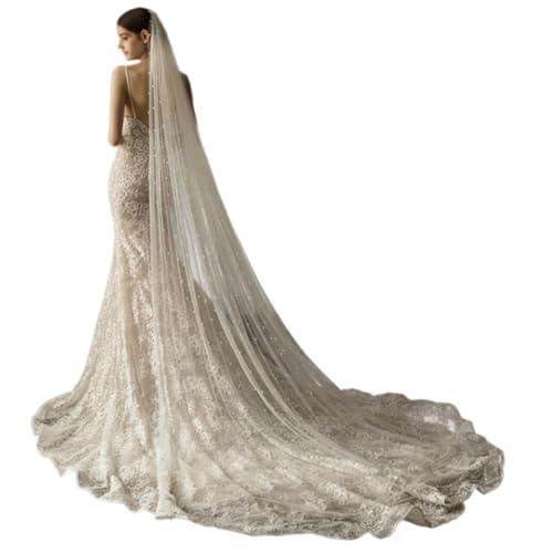 Velo de perlas de 90.6 pulgadas de largo con acabados de alta costura para novias