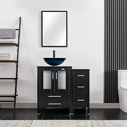 eclife 36´´ Bathroom Vanity Sink Combo Black W/Small Side Cabinet Turquoise Square Tempered Glass Vessel Sink & ORB Water Save Faucet & Solid Brass Pop Up Drain, W/Mirror (A10 B11)
