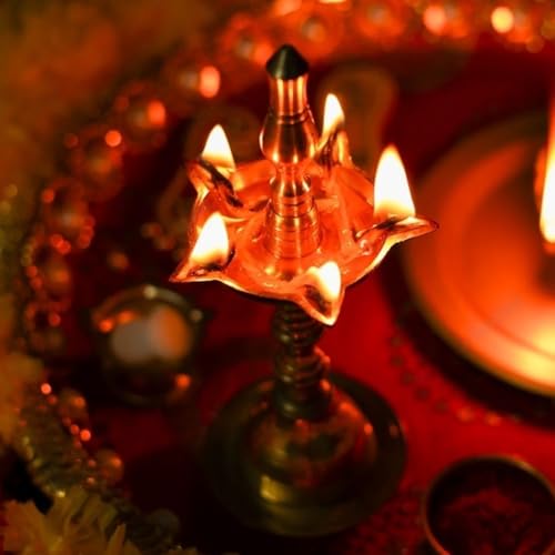 Brass Kerala Diya for Puja (14 inch, Set of 2) - Diya for Pooja - Kutthu Vilakku Samai Diya for Puja Diwali Decorations - Indian Diwali Gifts Hashcart®