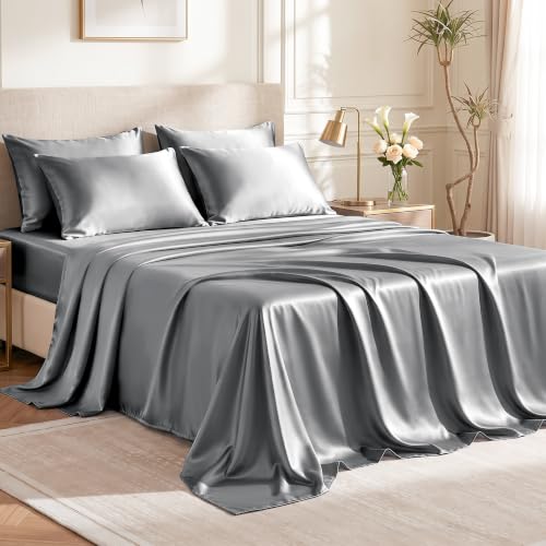 Love's cabin Satin Twin Sheets Set, 4 Pieces, Dark Grey, 15" Deep Pocket