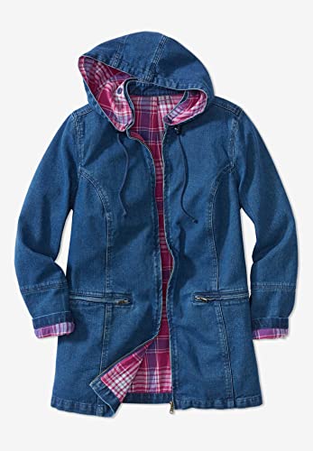 Woman Within Plus Size Flannel-Lined Denim Jacket Removable Hood Long Oversized Jean Coat4