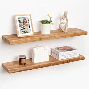 36″ Rustic Elm Wood Floating Shelves for Wall, 9.3 Inch Deep Live Edge Wall Shelves for Storage, Wall-Mounted Display Shelves with Invisible Bracket for Living Room Bedroom Kitchen, Set of 2, Natural