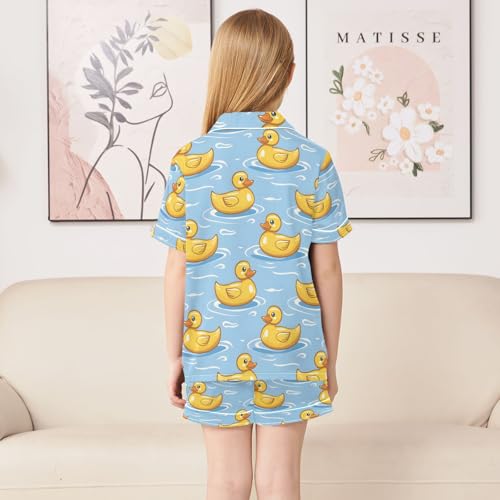 ALAZA Yellow Duck Wave Sea Pajamas Satin Pajama Set Short Sleeve Button Down Sleepwear4
