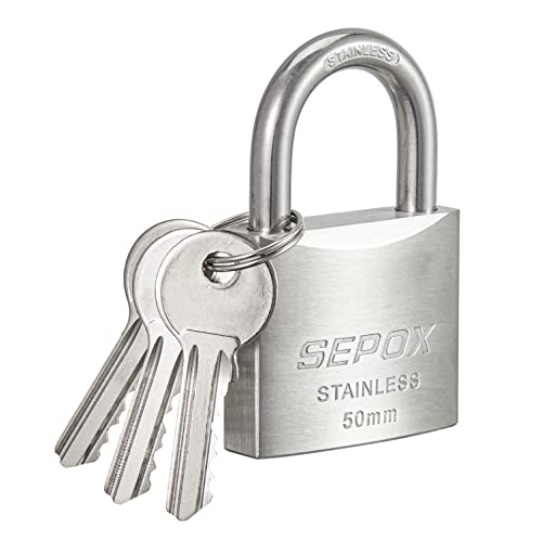 SEPOX Outdoor Padlock with Key Stainless Steel Lock Body and Shackle Waterproof Keyed Pad Lock Heavy Duty Padlock and Key Weatherproof for Gate Chain Shed Boat Marine (50mm SS304)