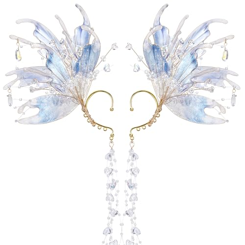 FRESHME Mermaid Elf Ear Cuffs - Fairy Ears No Piercing Elven Ear Clips with Bead Tassel Dress up Mermaid Renfaire Accessorie