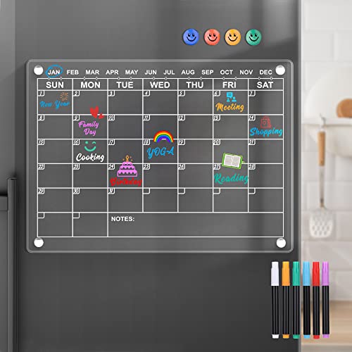 Acrylic Magnetic Dry Erase Calendar Board for Fridge, 16'x12' Clear Monthly Calendar Planner Board for Refrigerator, Reusable Portable Calendar Whiteboard Memo Planning Boards