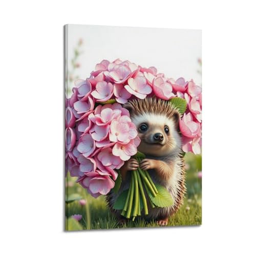 Poster sur toile hérisson et hortensias pour infuser de la tendresse dans une pièce