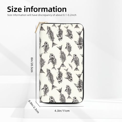 Skeleton Fish Fossil Print Wallet Women Men, Long PU Leather Wallets for Women, Cute Womens Travel Wallet Purse Pouch with Zipper Pocket3