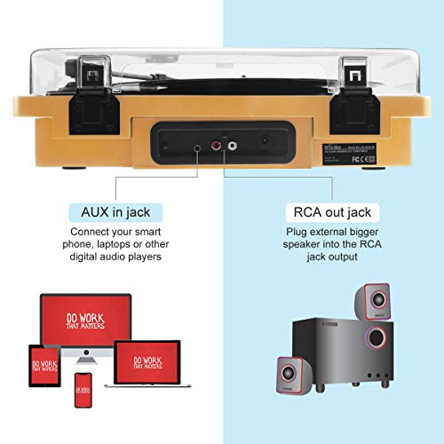 Wrcibo Record Player, Vintage Turntable 3-Speed Belt Drive Vinyl Player LP Record Player with Built-in Stereo Speaker, Aux-in, Headphone Jack, and RCA Output, Natural Wood - Thumbnail 3