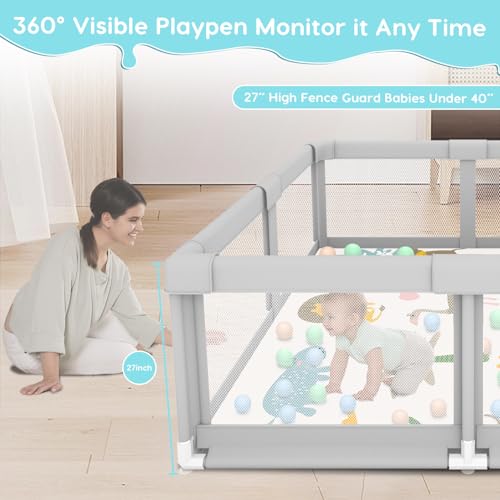 Image of Fshibila Baby Playpen with Mat, Baby Playpens for Babies and Toddlers, BabyFence Play Pen for Indoor & Outdoor, Sturdy Safety Play Yard with Soft Breathable Mesh, 50 * 50 * 27 inches Grey