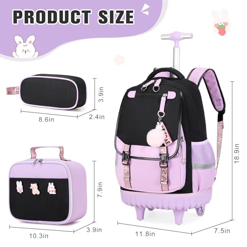 Bevalsa Rolling Backpack for Girls, 3PCS Roller School Backpacks with Lunch Box & Pen Case, Kids Bookbag Schoolbag with Wheels for Teen Girl Kindergarten Elementary Middle School2