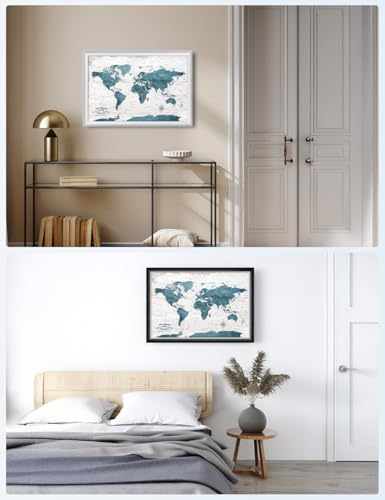Image of IPIC - Personalized World Map Canvas Wall Art, Push Pin Map with Custom Names to Track Your Travels, Vintage Teal Framed Wall Decor for Home, Office, Living Room or RV, Ready to Hang