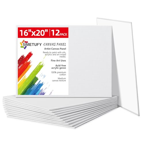 Simetufy 12 Pack 16x20 Inch Flat Canvas Panels Large Painting Canvas Boards - 8 Oz Triple Primed 100% Cotton Acid Free White Blank for Acrylic Oil Paints