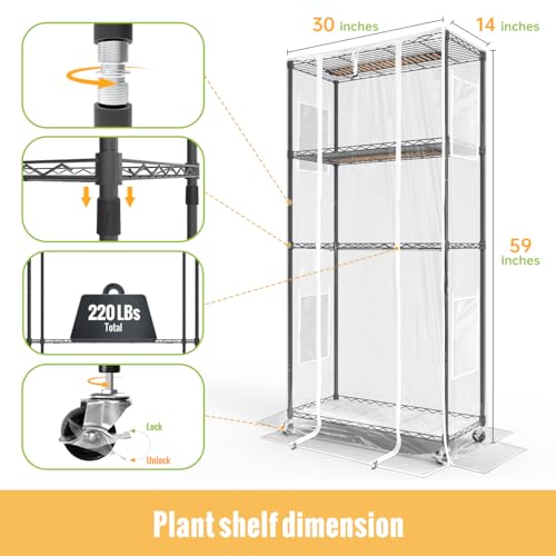 SpeePlant Indoor Greenhouse with Grow Light and Shelves - 4 Tier Plant Stand with Grow Light, Zippered PVC Cover and 3 Dimmable 1.8FT 60W Grow Lights with Timer, 30" L X 14" W X 59" H, Black