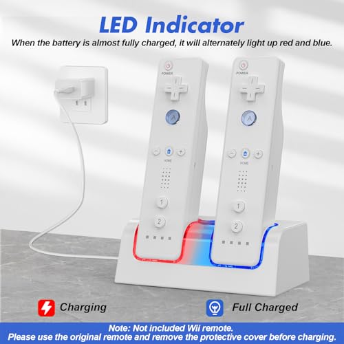 Remote Controller Charger for Wii/Wii U with 2 Pack 2800mAh Rechargeable Battery Pack, 2 Port Charging Station for Wii Controller, Remotes are not Included - Thumbnail 2