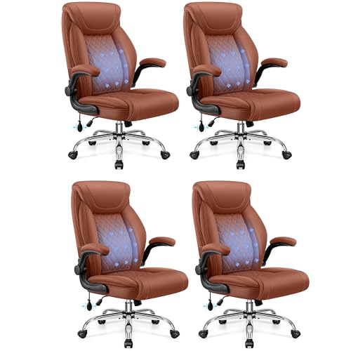 Image of BestGlory Executive Office Chair with Lumbar Support, Big and Tall Ergonomic Computer Desk Chair, Leather Comfy High Back Gaming Chair with Flip Up Arms & Rocking Function for Home Office, Brown