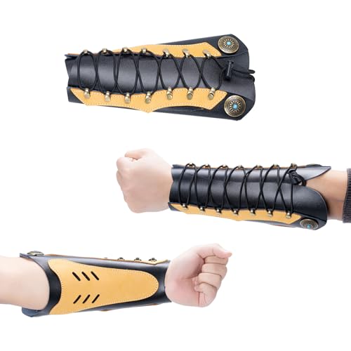 Prespollw Handmade Leather Arm Guard & Shooting Glove - Adjustable Wristband Protector for Hunting & Archery - Unisex Medieval Style Bracer (Brown)