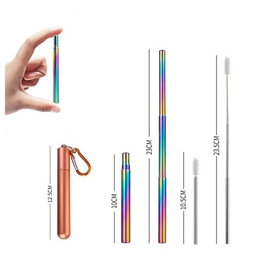Pajitas telescópicas reutilizables - Pajitas portátiles para beber de acero inoxidable Pajitas de calidad alimentaria con cepillo de limpieza, estuche y mosquetón(Oro rosa + pajita arcoiris)
