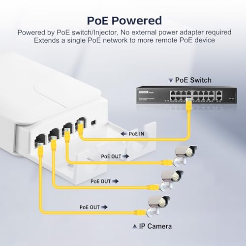Image of Outdoor 4 Port PoE Extender, 1 in 3 Out PoE+ Switch, 10 /100Mbps, IEEE 802.3 af /at 30W, Wall Mount Waterproof YuLinca POE Passthrough Switch
