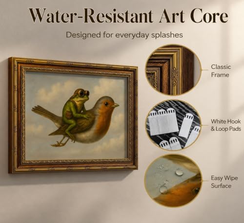 Vintage Gold Framed Whimsical Frog Robin Wall Art, Frog Riding Bird Oil Painting Canvas Print, Whimsical Animal Aviator Wall Decor, Antique Funny Quirky Animal Poster Artwork for Living Room Bedroom — view 2