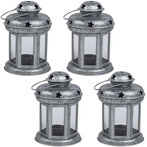 Marrakech Juego de 4 portavelas vintage decorativas, 13 cm, de metal y cristal, mini farolillos como decoración de mesa para salón, portavelas, color plateado como balcón, terraza y jardín