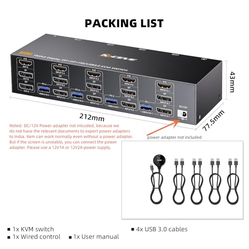 Image of KVM Switch 3 Monitors 4 Computers HDMI + DisplayPort, 8K@30Hz /4k@144Hz KVM Switcher for 4 Computer Share 3 Display and 4 USB 3.0 Devices