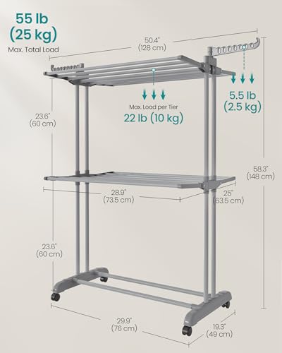 Image of SONGMICS Clothes Drying Rack 3-Tier, Foldable Laundry Drying Rack 148 cm Tall, Stainless Steel, Rolling Laundry Horses, Clothes Airer, Indoor Outdoor Use, Dove Gray ULLR702G01
