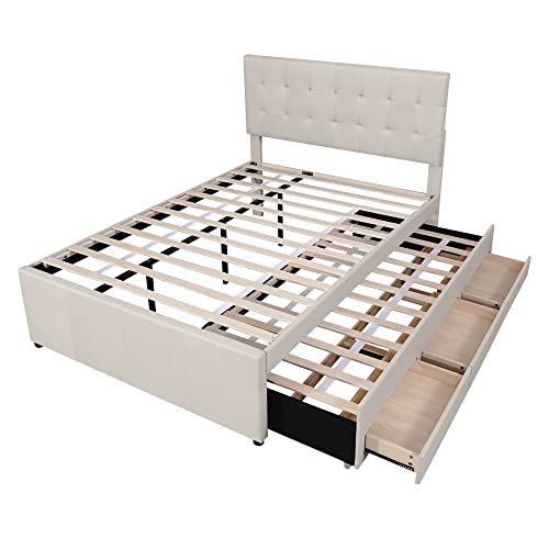 Kehun Polsterbett Doppelbett 140x200 mit Ausziehbarem Bett für 3 Personen, Familienbett mit 3 Stauraum Schublade und Lattenrost aus Holz, Verstellbares Kopfteil, Leinen, Beige, ohne Matratze – Bild 6