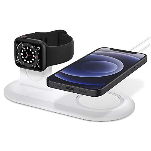 Spigen Mag Fit Duo Designed for MagSafe & Pixelsnap Charger Stand Charging Pad Case for iPhone 17, 16, 15, 14, 13, 12 Models/Apple Watch All Series/Airpods - White