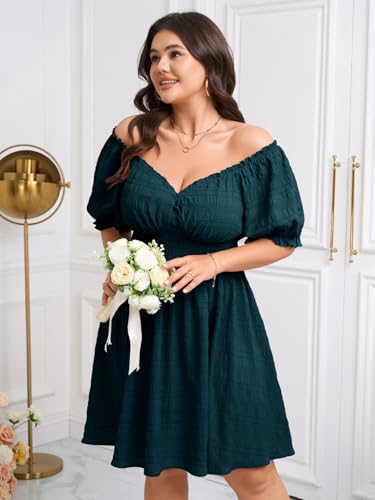 Image of SCOMCHIC Womens Plus Size Summer Dresses Casual Sun Dress Sweetheart V Neck Puff Short Sleeve Smocked A Line Mini Dress
