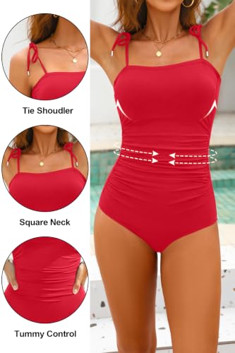 Image of Daci Women One Piece Tummy Control Swimsuits Tie Shoulder Bathing Suits