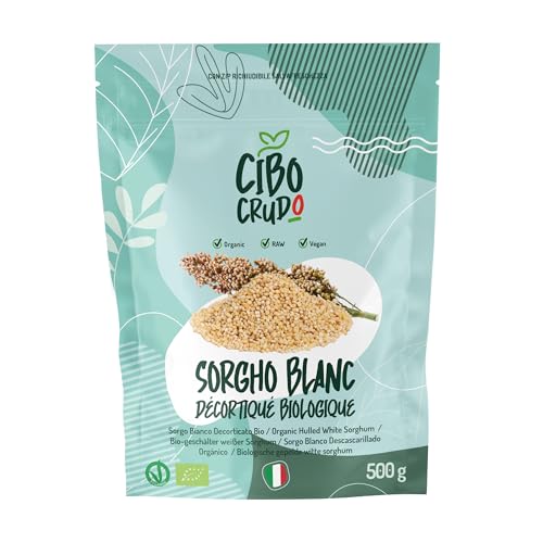 CIBO CRUDO crudo biologico vegan - Graines de Sorgho Bio Décortiqué - 500g. Saggina ou Sorghum Vulgare Naturellement Sans Gluten et non Complet. Organic and Raw White Sorghum.