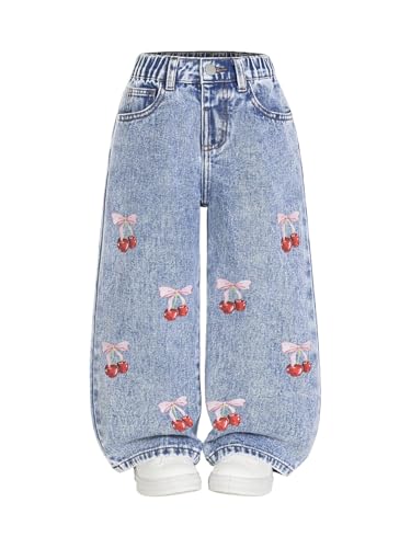 GORGLITTER Girl's Baggy Jeans Denim Fall Bow High Waisted Straight Wide Leg Cargo Joggers Pants Cowgirl Jeans Light Wash 5Y