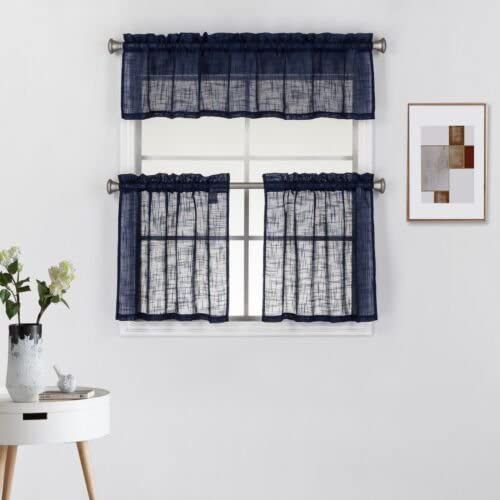 Diamond Home Linens 3 Piece Linen Semi Sheer Kitchen Window Curtain Tiers and Valance Set 24" Long, Navy Blue.