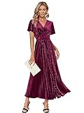 Simplee Women’s Short Sleeve Velvet Maxi Dress V Neck Formal Dress(L Pinkish Purple)