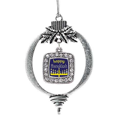Inspired-Silver-Happy-Hanukkah-Silver-Christmas-Ornament-Square-Charm-Christmas-Tree-Ornament-with-Cubic-Zirconia-Holiday-Hanging-Decoration Inspired Silver Happy Hanukkah Silver Christmas Ornament Square Charm Christmas Tree Ornament with Cubic Zirconia Holiday Hanging Decoration