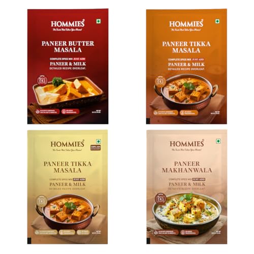 Image of Hommies Dhaba Style Paneer Curry Spice Mix Combo (4 Varieties) | Butter Masala, Makhanwala, Tikka Masala & Tikka Masala Jain | Ready to Cook in 15 Mins | Just Add Paneer & Milk | Shahi Curry with Cashew Nuts | No Preservatives | Pack of 4 (50g Each, Total 200g) (Combo of 4-2)