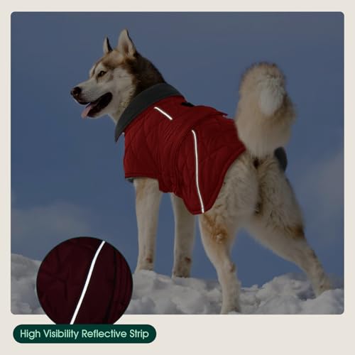 Kuoser Hundemantel Wasserdich Winterjacke für Große Hunde, Warmer Hunde Mantel mit Fleece, Reißverschluss-Leinenöffnung, 2XL Rot