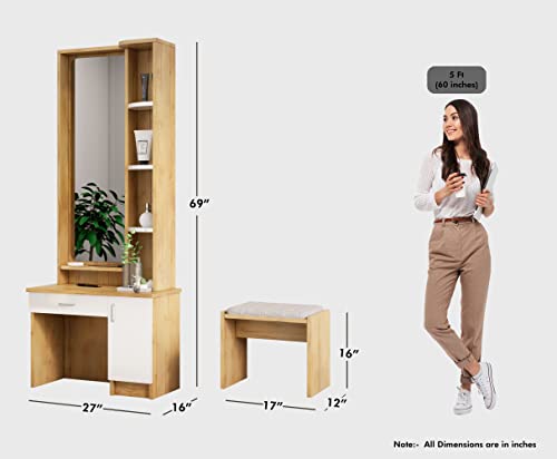 Image of Bniture Wooden Dressing Table for Bedroom with 1 Drawer, Mirror and Huge Storage Space with Stool | Long Dresser Vanity Table with Mirror(40D x 68W x 175H CM) (Giant Wood & Frosty White)