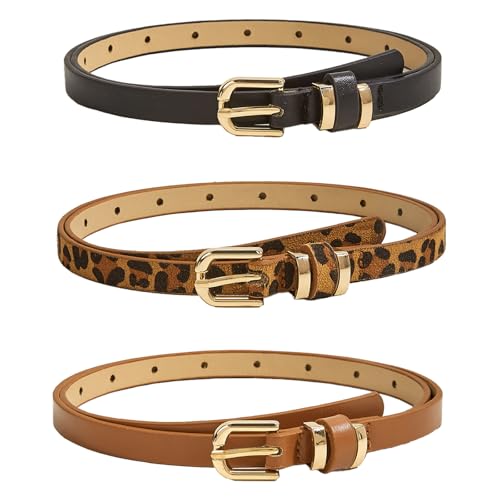 YNR Lote de 3 cinturones delgados de cuero PU para mujer, cinturón delgado con hebilla de metal para vestidos, jeans y pantalones, Negro, estampado de leopardo, marrón, talla única